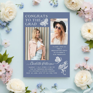 Modern Blue White Butterfly Photo Graduation Party Acrylic Invitations