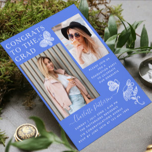 Modern Blue White Butterfly Photo Graduation Party Invitation