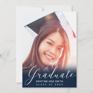 Modern Blue White Calligraphy Photo Graduation  Invitation