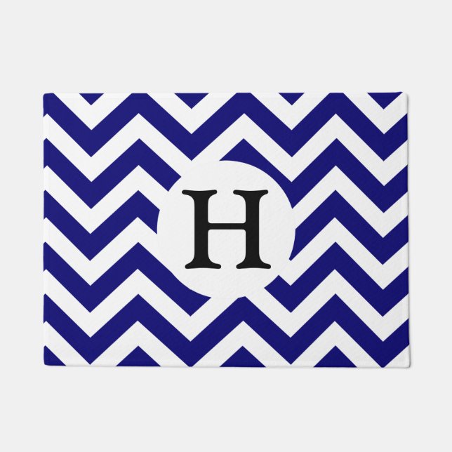Modern Blue White Chevron Zigzag Custom Monogram Doormat (Front)