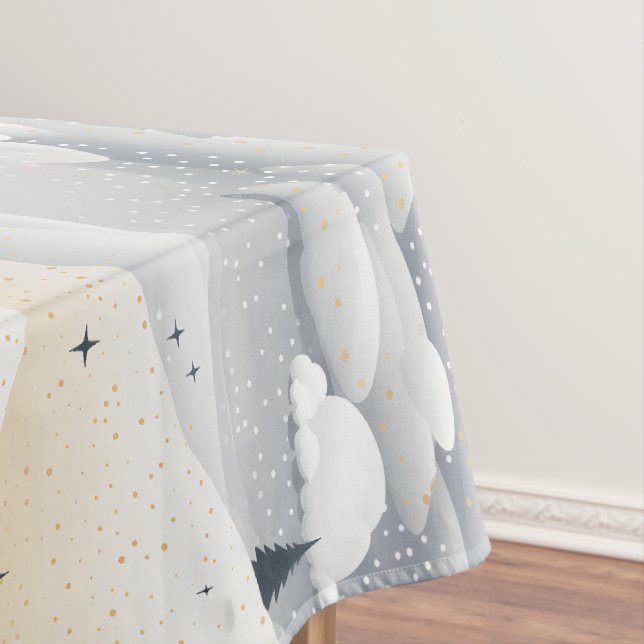 Modern Blue White Christmas Trees Snowbanks Tablecloth (In Situ)