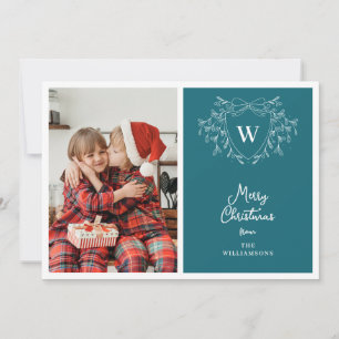 Modern blue & white classy crest 2 photos holiday card