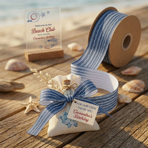 Modern Blue & White Coastal Wave Pattern Satin Ribbon
