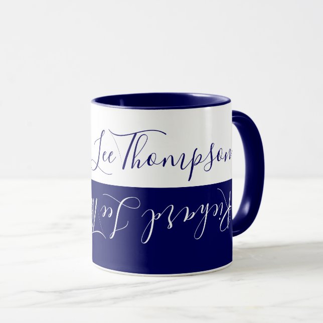 Modern Blue/White Combo Mug with Handwritten Name (Front Right)