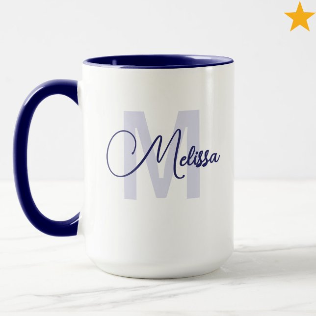 Modern Blue White Custom Name Cursive Monogram Mug (Creator Uploaded)