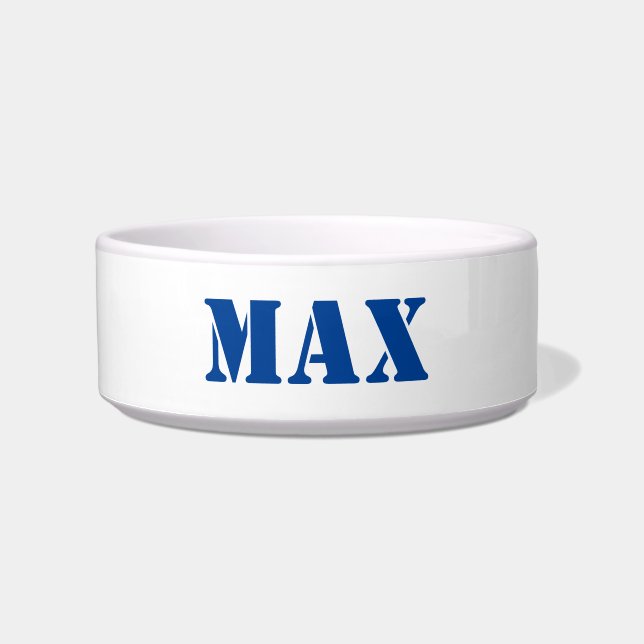 Modern blue white custom name dog cat bowl (Front)