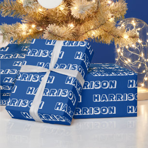 Modern blue white custom name text birthday gift wrapping paper