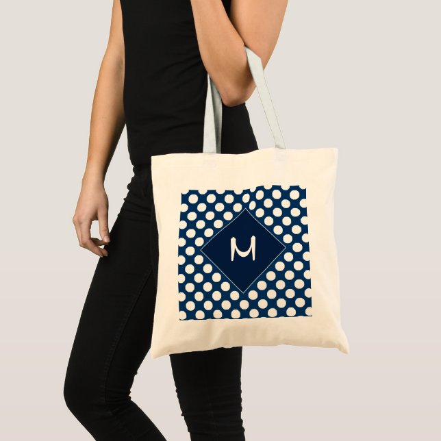 Modern Blue White Dots Monogram Tote Bag (Front (Product))