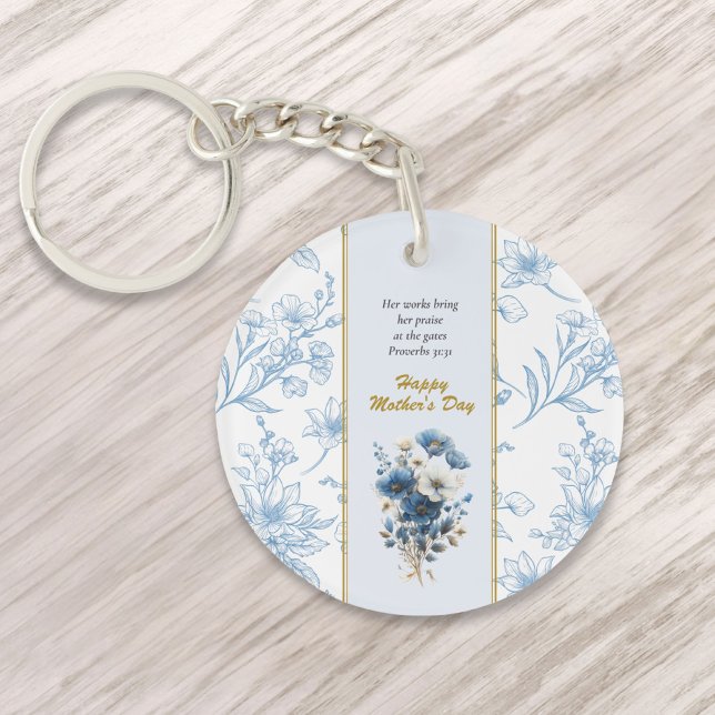 Modern Blue White Floral Happy Mothers Day Key Ring (Creator Uploaded)