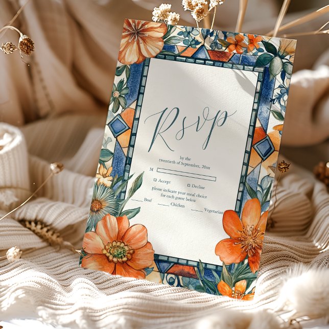 Modern Blue & White Floral Mediterranean Tiles RSVP Card (Creator Uploaded)
