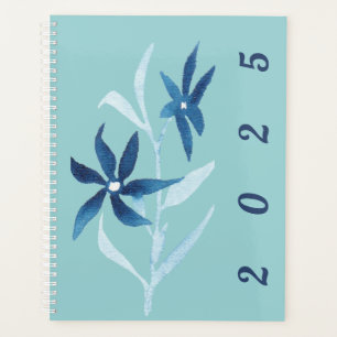 Modern Blue White Floral Watercolor Turquoise Planner