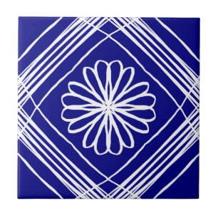 Modern Blue White Flower Line Art Tile