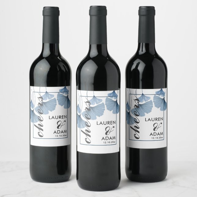 Modern Blue & White Foliage Wedding  Wine Label (Bottles)