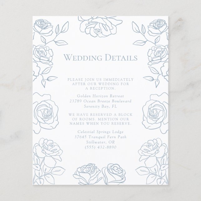 Modern Blue & White French Roses Wedding Details (Front)