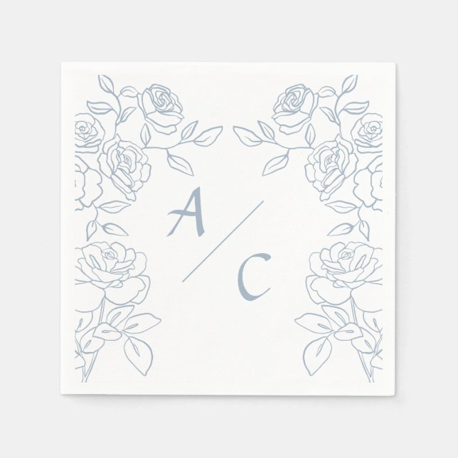 Modern Blue & White French Roses Wedding Napkin (Front)