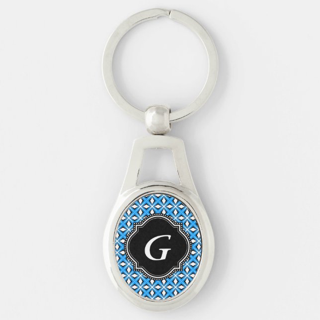 Modern Blue White Fresh Bavaria Pattern Key Ring (Front)