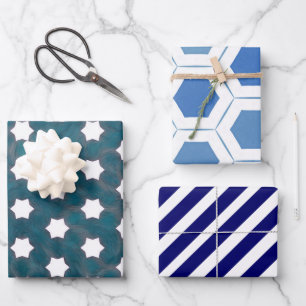 Modern Blue White Geometric Wrapping Paper Sheet