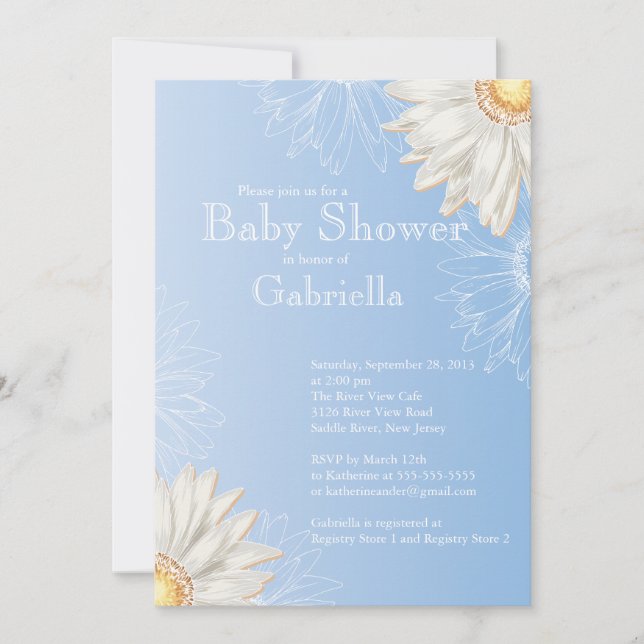 Modern Blue & White Gerbera Daisy Baby Shower Invitation (Front)
