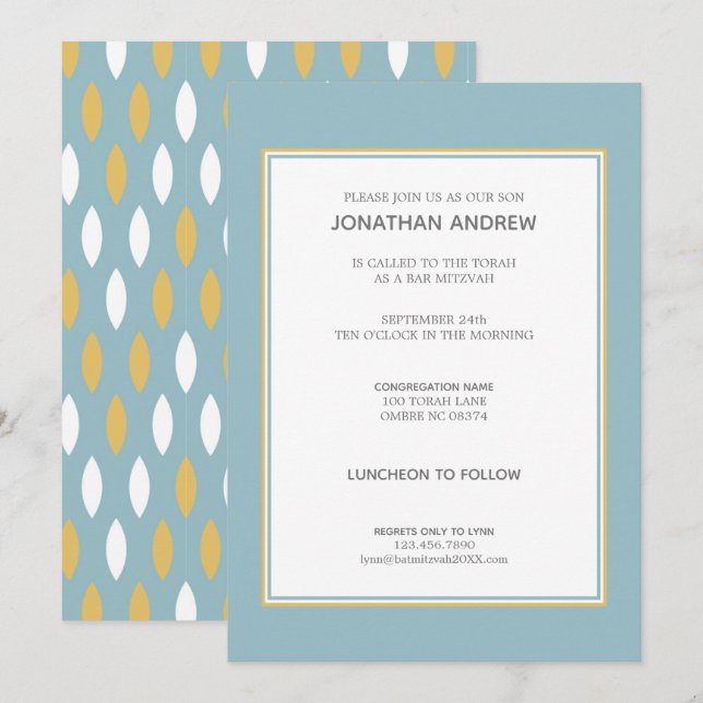 Modern Blue White & Gold Pattern Bar Mitzvah Invitation (Front/Back)
