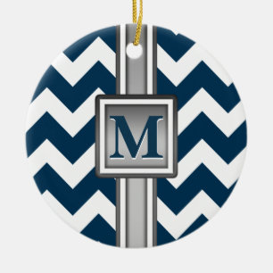 Modern Blue White Grey Monogrammed Chevron Ceramic Tree Decoration