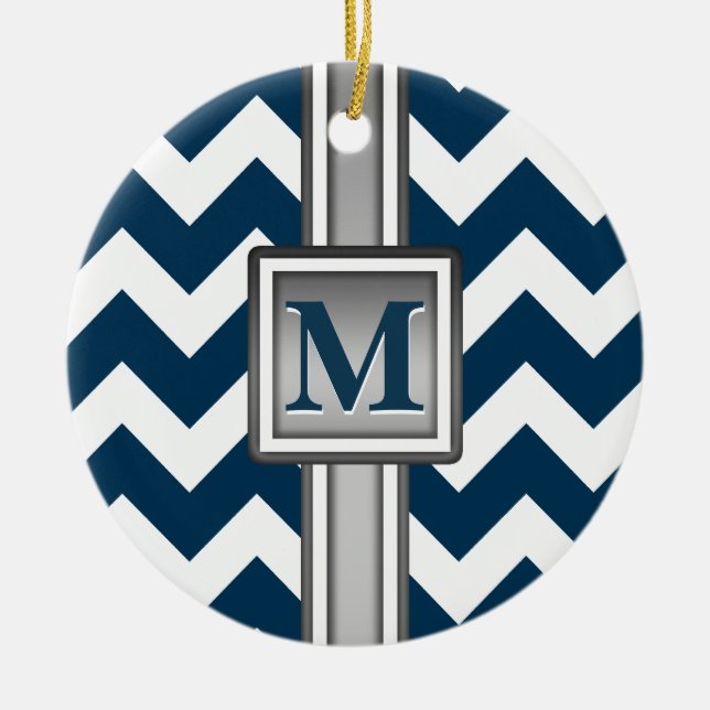 Modern Blue White Grey Monogrammed Chevron Ceramic Tree Decoration (Front)