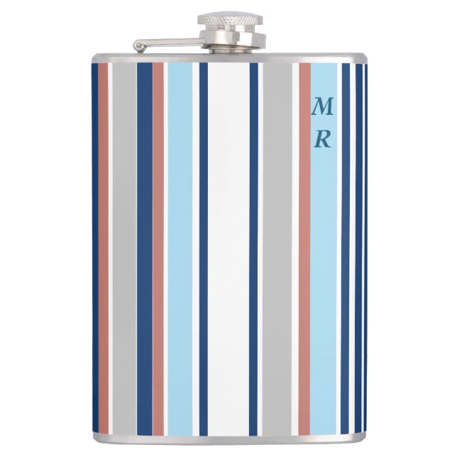 Modern Blue White Grey Red Stripes Monogram Hip Flask (Front)
