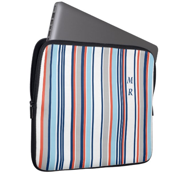 Modern Blue White Grey Red Stripes Monogram Laptop Sleeve (Front Right)