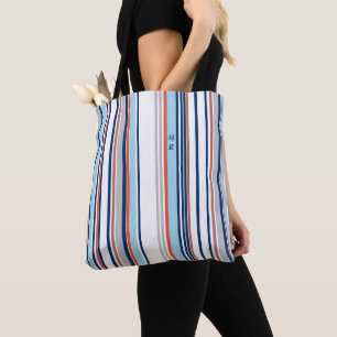 Modern Blue White Grey Red Stripes Monogram Tote Bag