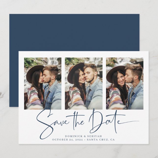 Modern Blue White Handwritten Save the Date (Front/Back)