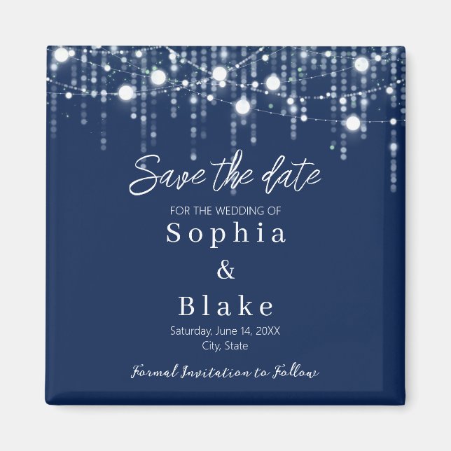 Modern Blue & White Hanging Lights Save the Date Magnet (Front)