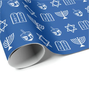 Modern blue white Jewish icons pattern Hanukkah Wrapping Paper