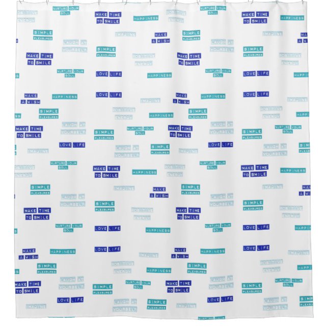 Modern Blue White Love Life Embossed Labels Patter Shower Curtain (Front)