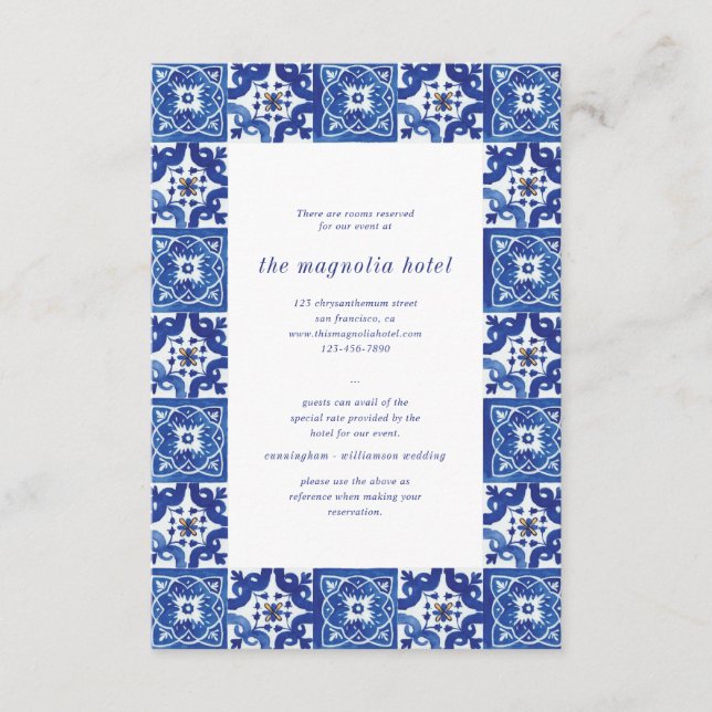 Modern Blue White Mediterran Wedding Accommodation Enclosure Card (Front)