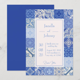 Modern Blue & White Mediterranean Tiles Wedding  Invitation