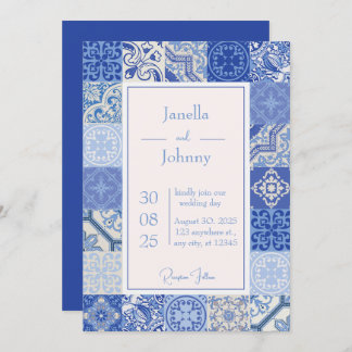 Modern Blue & White Mediterranean Tiles Wedding  Invitation