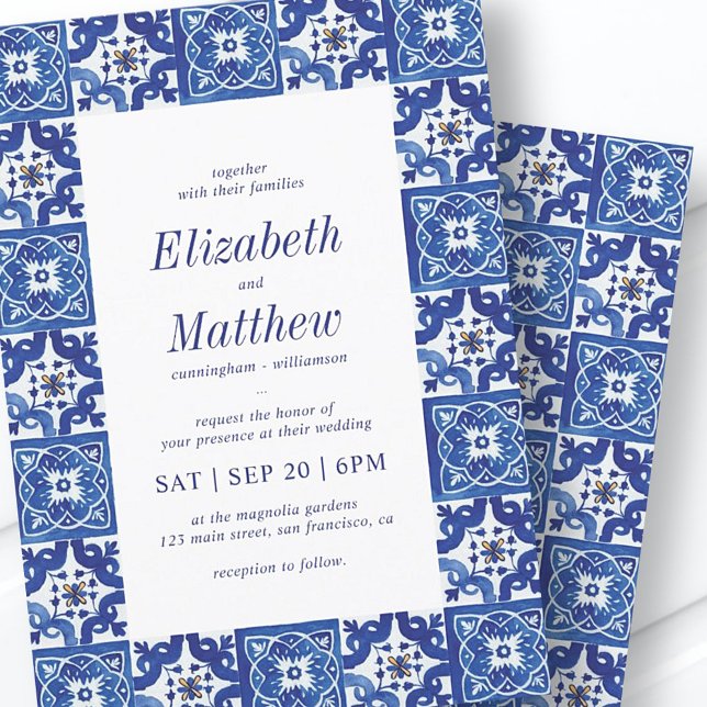 Modern Blue & White Mediterranean Tiles Wedding Invitation (Creator Uploaded)