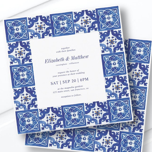 Modern Blue & White Mediterranean Tiles Wedding Invitation (Creator Uploaded)