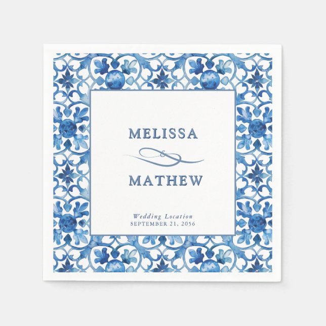 Modern Blue & White Mediterranean Wedding Napkin (Front)