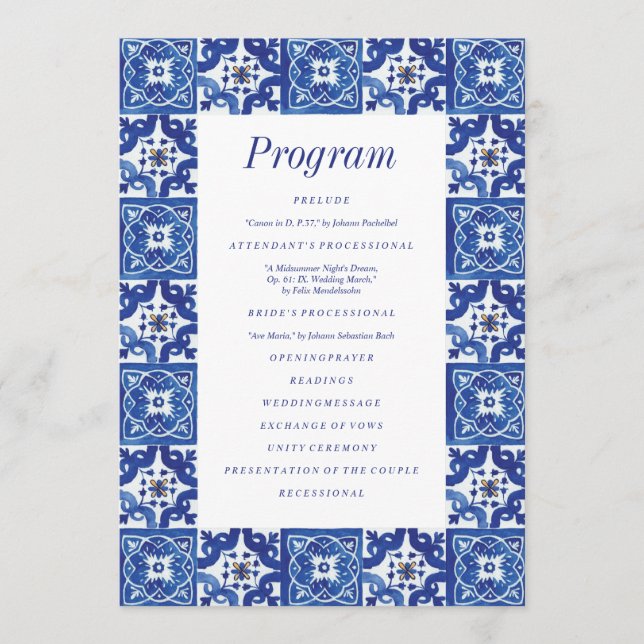 Modern Blue White Mediterranean Wedding Programme (Front)