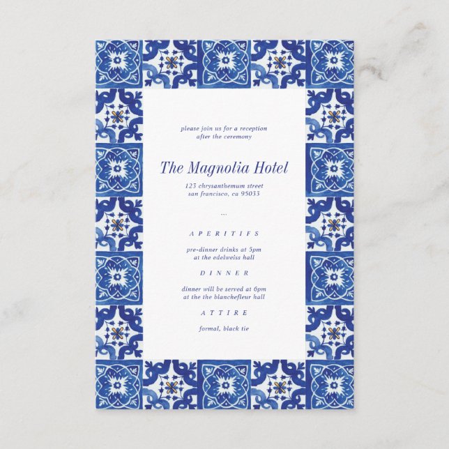 Modern Blue White Mediterranean Wedding Reception Enclosure Card (Front)