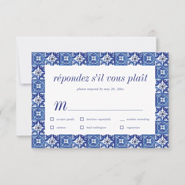 Modern Blue White Mediterranean Wedding RSVP Meal (Front)