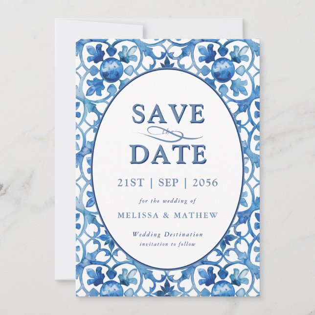 Modern Blue White Mediterranean Wedding Save The Date (Front)