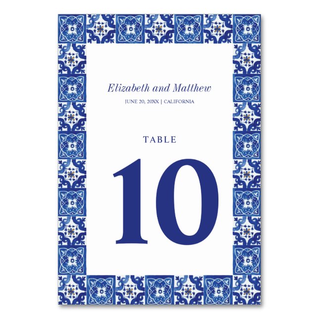 Modern Blue White Mediterranean Wedding Table Number (Front)