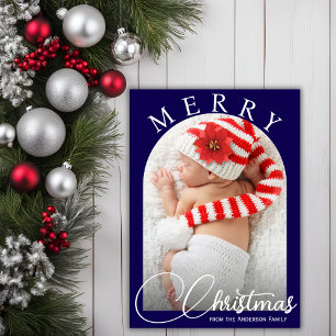 Modern Blue & White Merry Christmas Family Photo Holiday Card