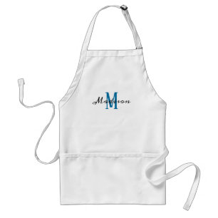 Modern Blue White Monogram Script Name Womens Standard Apron