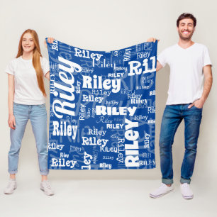 Modern Blue White Name Repeating Pattern  Fleece Blanket