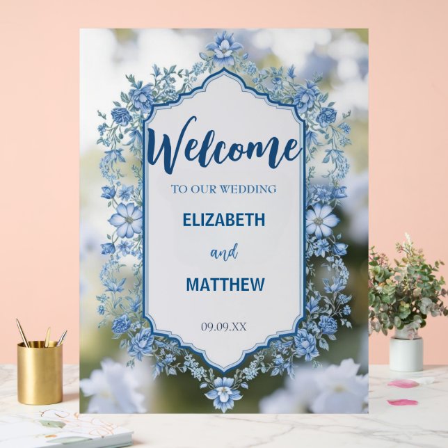 Modern  Blue & White Overlay Flowers wedding Acrylic Sign (Wedding)