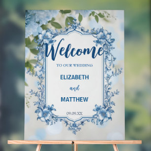 Modern  Blue & White Overlay Flowers wedding Acrylic Sign