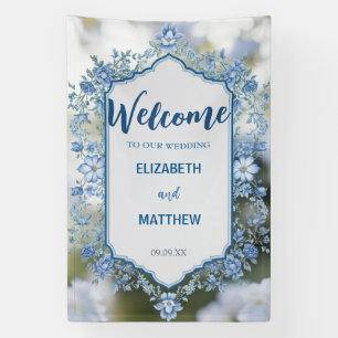 Modern Blue & White Overlay Flowers wedding Banner