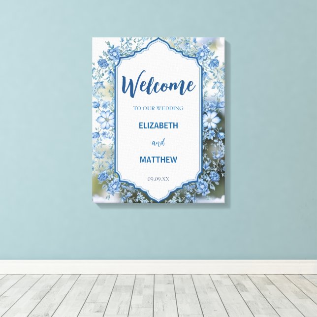 Modern  Blue & White Overlay Flowers wedding Canvas Print (Insitu(Wood Floor))